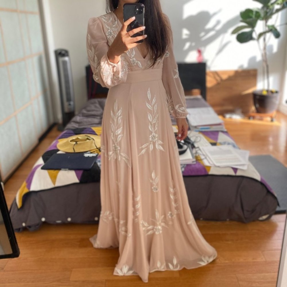 BHLDN Belize Embroidered A-Line Long-Sleeve V-Neck Gown